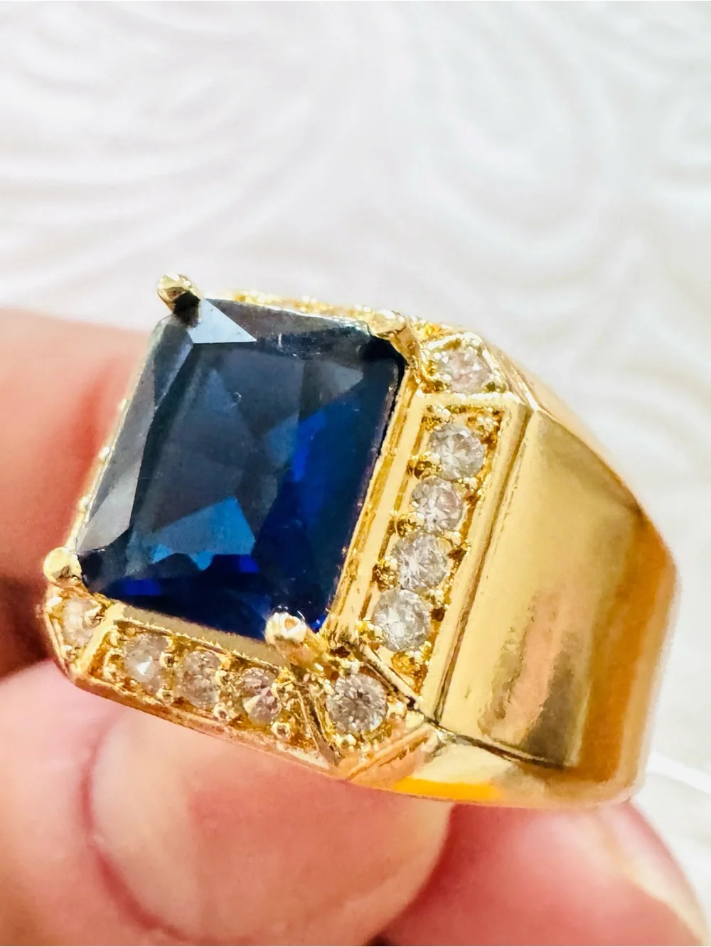 18K Gold Plated Men's Cocktail Ring with Deep Blue Center Stone.